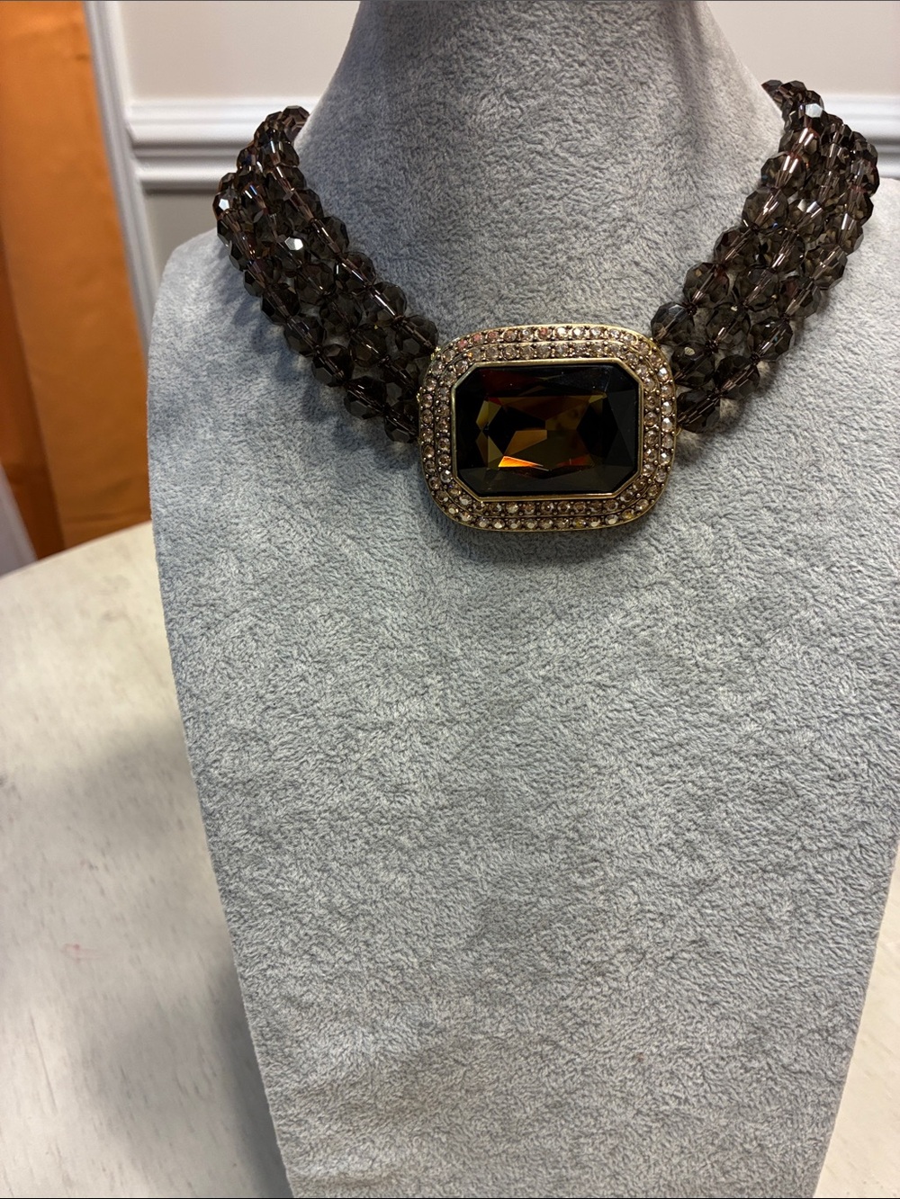 Smoky Brown Multi-Strand Crystal necklace and bracelet.